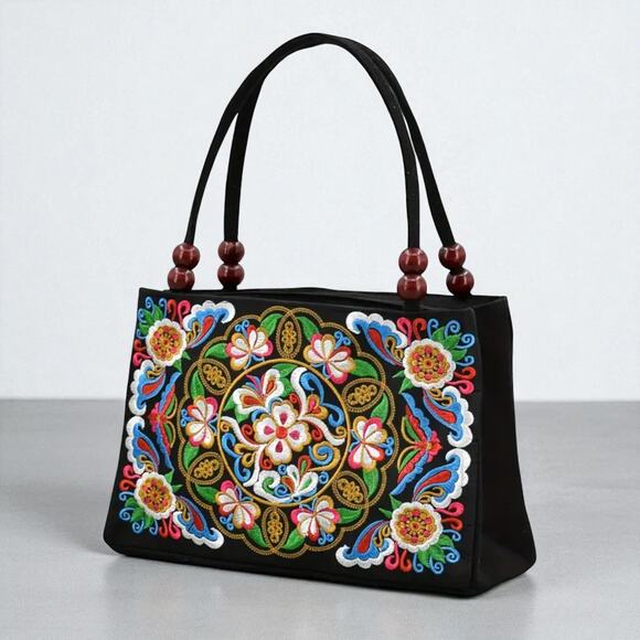 Floral Embroidered Ethnic Handbag Wood Bead Handles Boho - Picture 6 of 9